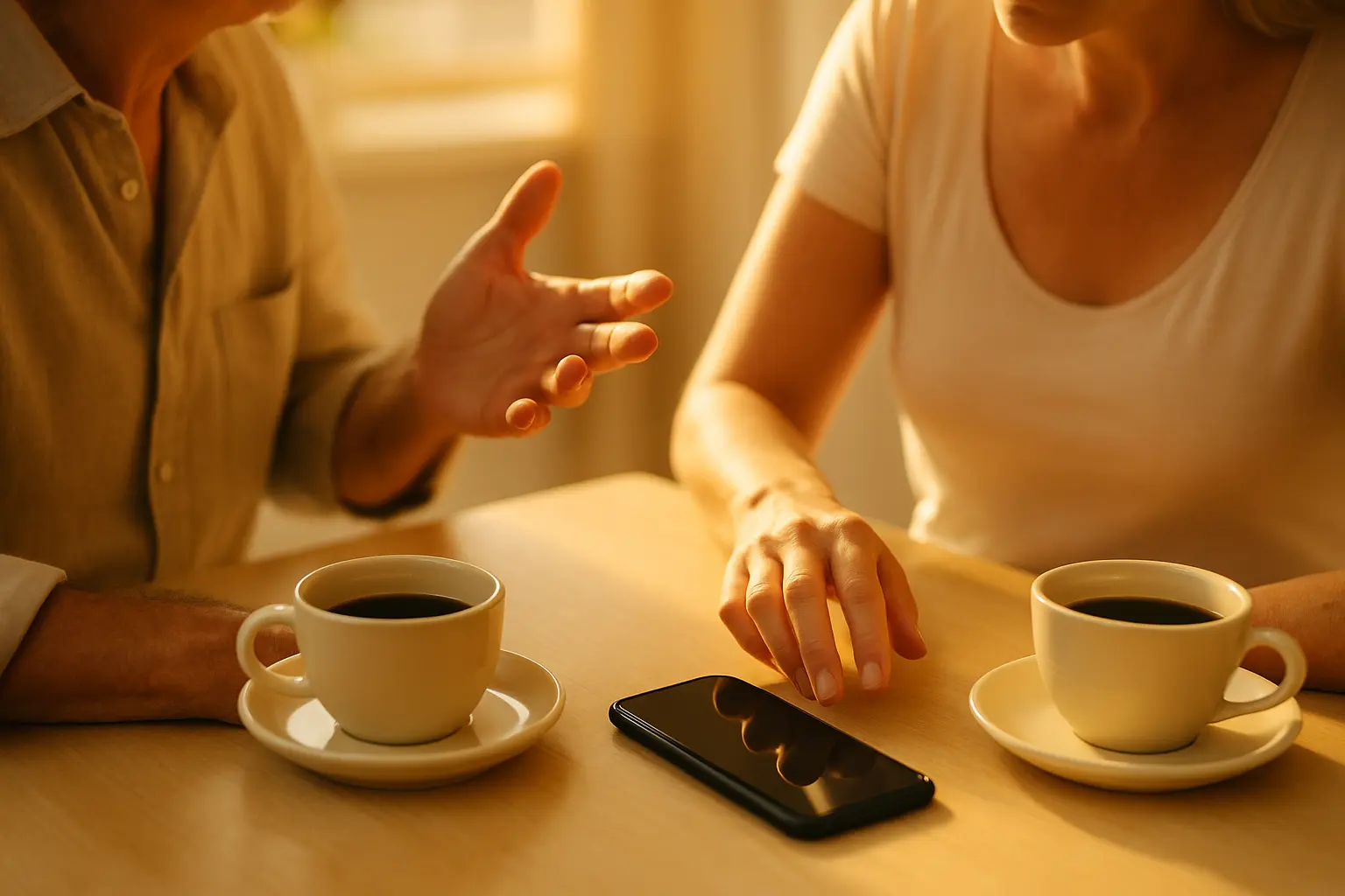 Eine Hand greift am Kaffeetisch zum Smartphone, während die andere Person gerade erzählt.