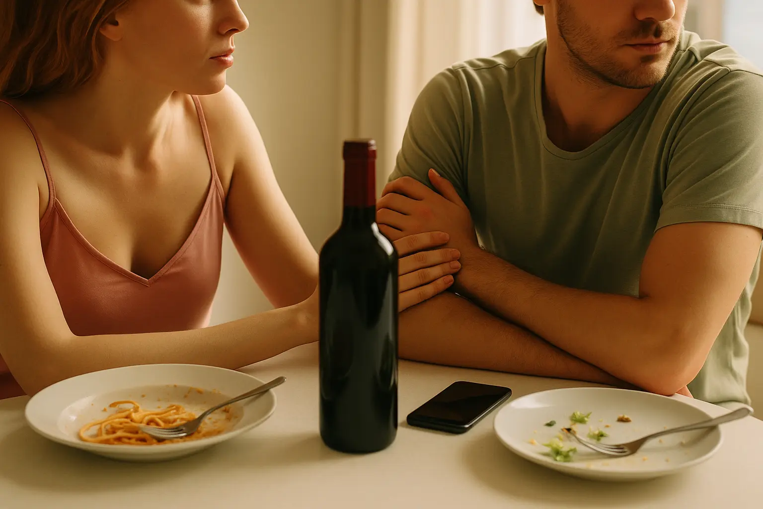 Ein gedeckter Tisch nach einem stillen Abend, der eine unausgesprochene Enttäuschung zwischen zwei Menschen andeutet.