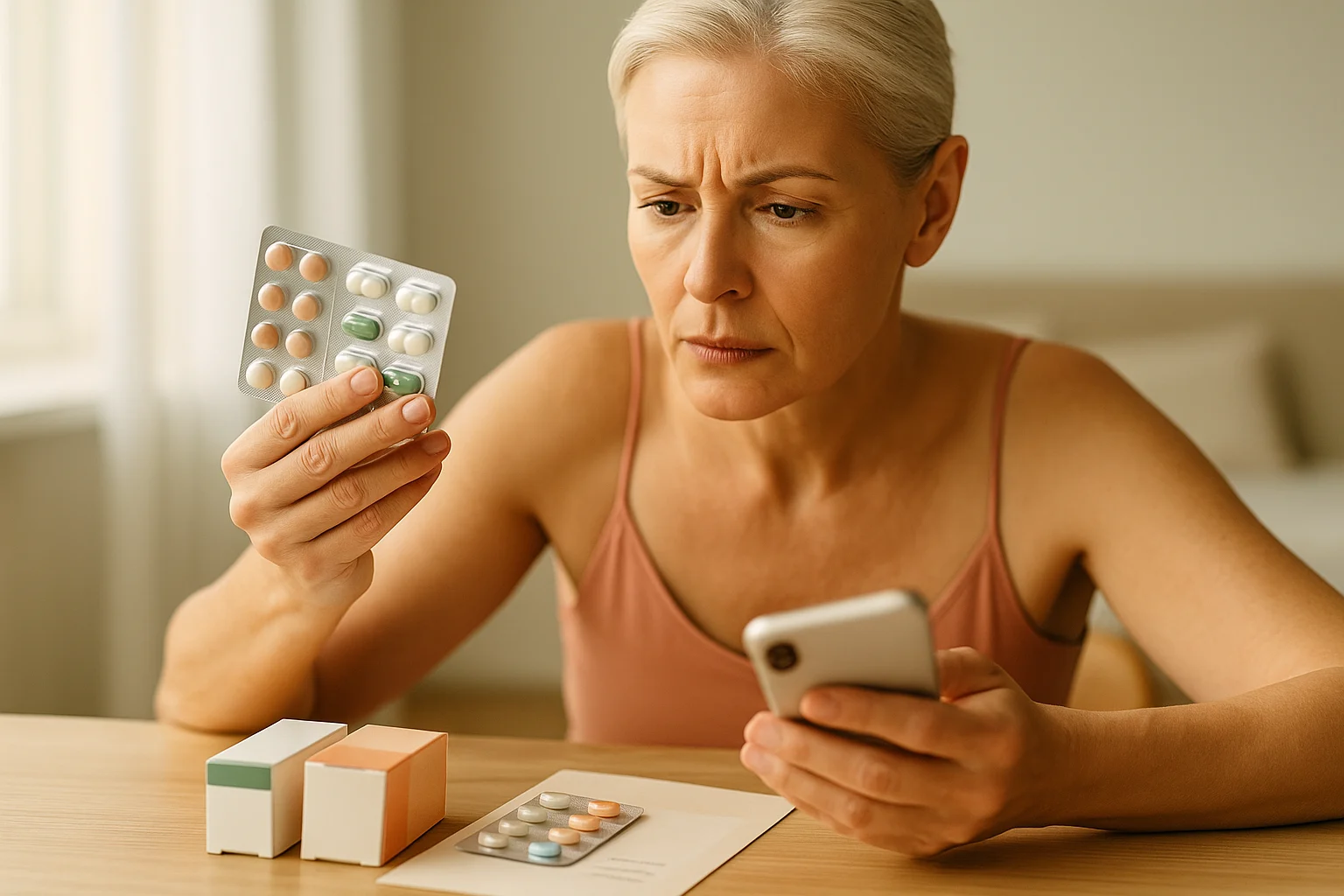 Person ordnet Medikamente und Notizen, um Wechselwirkungen mit einem Antibiotikum zu klären
