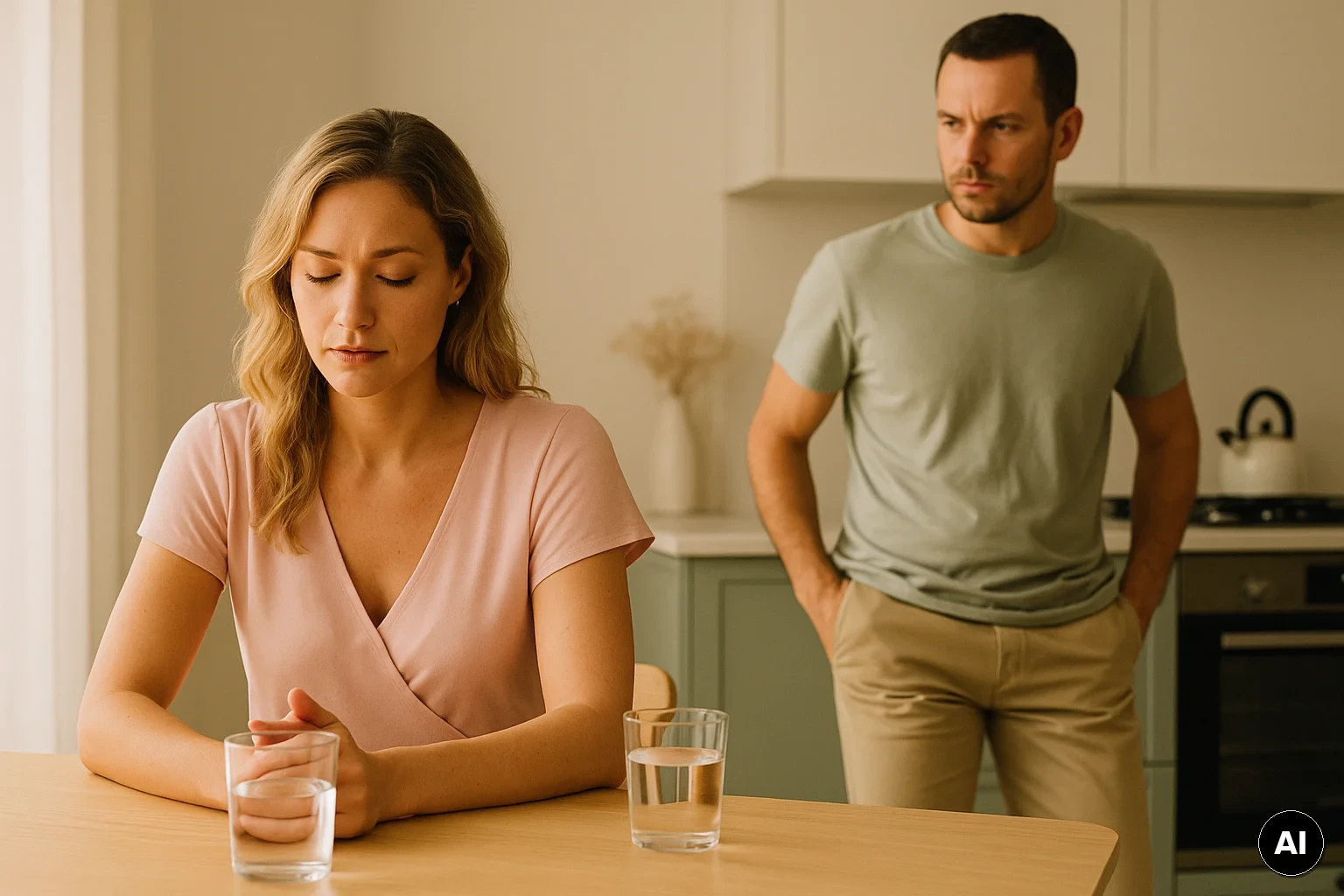 Zwei Partner in einer kurzen Gesprächspause vor einer klärenden Entschuldigung in der Küche