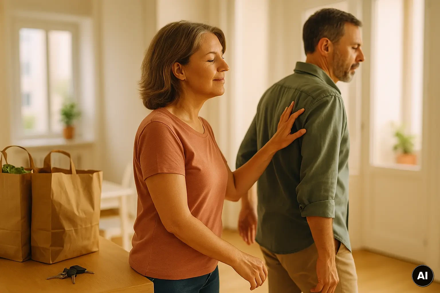 Kurze Berührung und Blickkontakt im Alltag zwischen zwei erwachsenen Partnern in einer hellen Wohnung