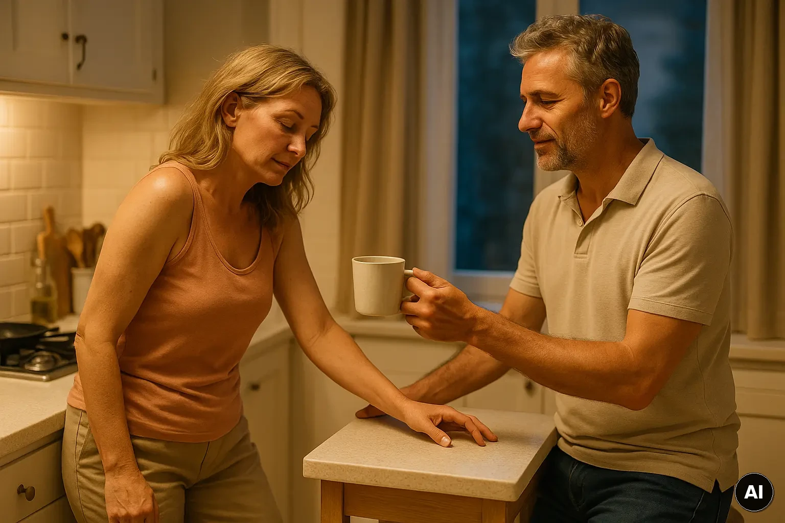Zwei erwachsene Partner in einer Küche am Abend, müde und gleichzeitig zugewandt
