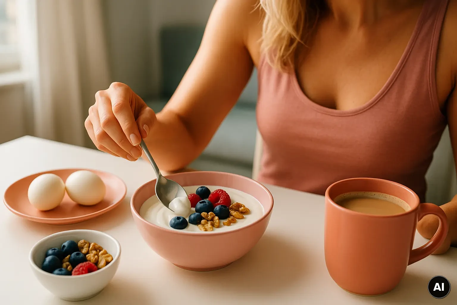 Proteinreiches Frühstück mit Joghurt, Eiern und Beeren auf einem hellen Tisch