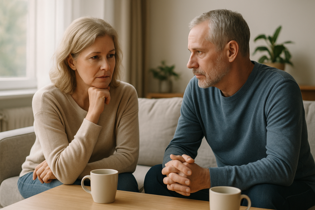 Un couple adulte parle chez lui ouvertement, dans une atmosphère calme